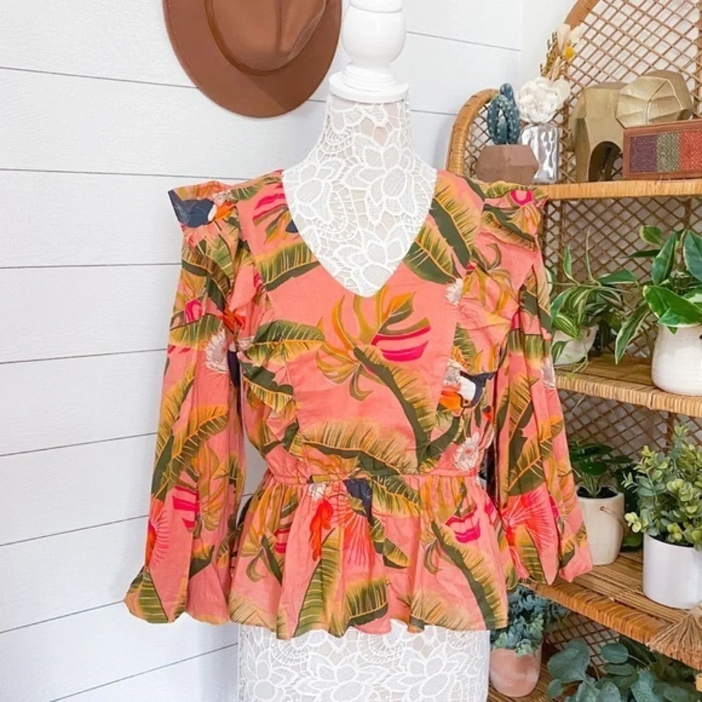 NWT Farm Rio Yasmine Ruffled Blouse Pink Combo Anthropologie Womens Top Tropical - Picture 7 of 14